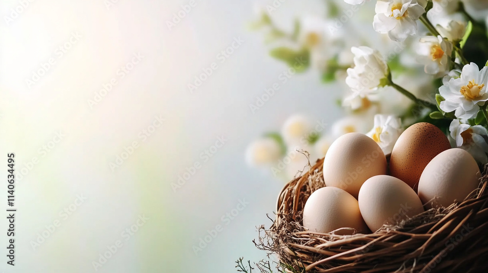 Nest of eggs surrounded by spring flowers on a soft, blurry background. Nest of eggs surrounded by spring flowers on a soft, blurry background.