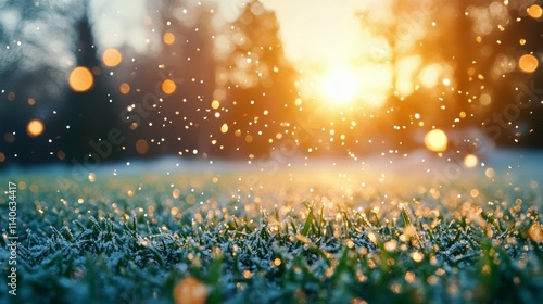 Snowflakes dance in golden sunlight over fresh green grass during winter morning