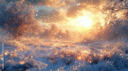 Snowflakes dance in golden sunlight over fresh green grass during winter morning