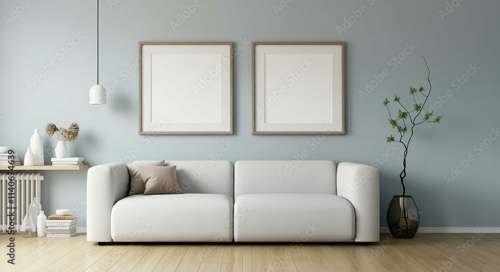 A modern living room with a sofa against a wall featuring blank poster frames in wooden frame borders 3d illustration template. Empty photo frame mock-up template. A modern living room with a sofa against a wall featuring blank poster frames in wooden frame borders 3d illustration template. Empty photo frame mock-up template.