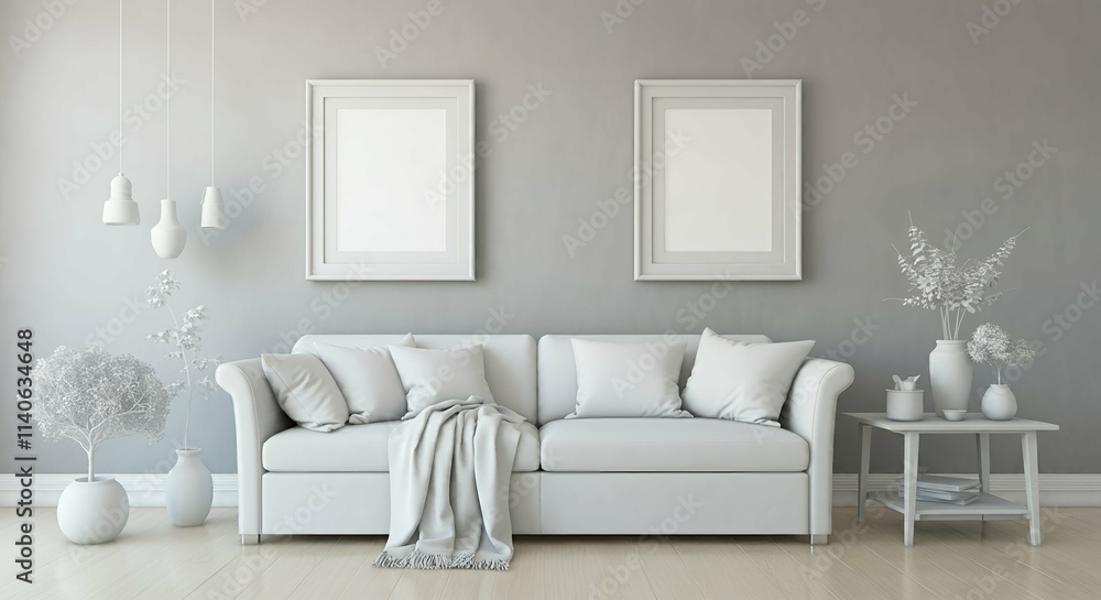 Fototapeta premium A modern living room with a sofa against a wall featuring blank poster frames in wooden frame borders 3d illustration template. Empty photo frame mock-up template. 