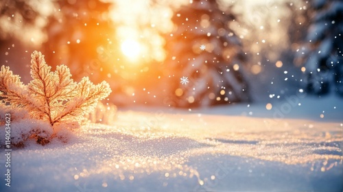 Snowflakes dance in golden sunlight over fresh green grass during winter morning
