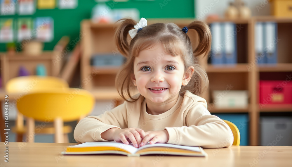 A little girl sits at a desk in a kindergarten A little girl sits at a desk in a kindergarten