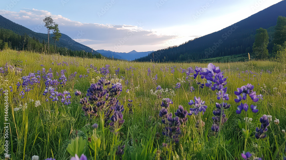 Serene alpine meadow wildflowers bathed in golden evening light peaceful summer scene Serene alpine meadow wildflowers bathed in golden evening light peaceful summer scene