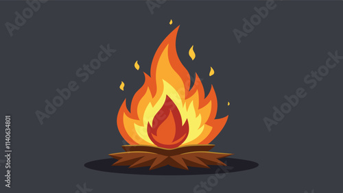 Vibrant campfire illustration surrounded by logs and grass in a nighttime setting with glowing flames and sparks