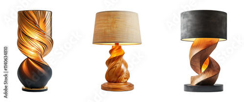 Artistic table lamps with twisted wooden and glass bases, featuring warm glowing light and contemporary designs. Transparent PNG.