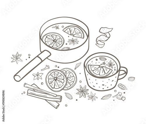 Set of mulled wine in saucepan and mug, fruit and spices hand drawn illustrations. Simple design in sketch style