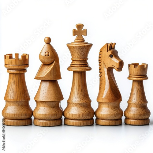 Classic wooden chess pieces arranged in a strategic formation on a white back...