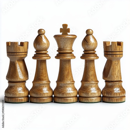 Classic wooden chess pieces arranged in a strategic formation on a white back...