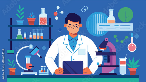 Scientist conducting research in a colorful laboratory filled with glassware, plants, and a microscope
