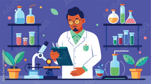 Scientist conducting research in a colorful laboratory filled with glassware, plants, and a microscope