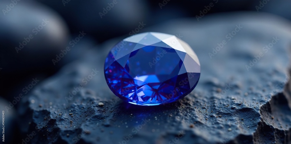 Deep blue natural sapphire on black stone background, precious, purple Deep blue natural sapphire on black stone background, precious, purple