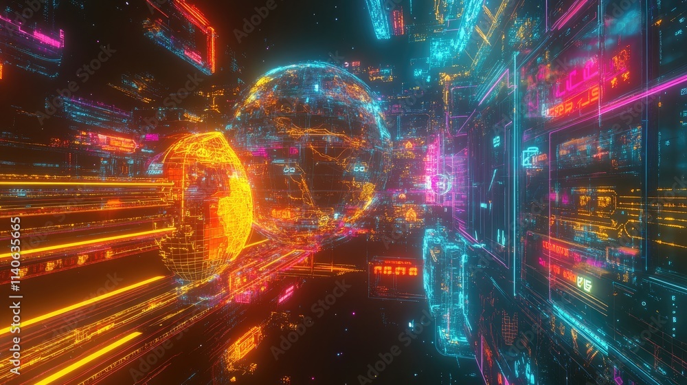 A digital Earth connected by glowing trading routes, with holographic visualizations of export/import symbols, modern, high detail, neon finish A digital Earth connected by glowing trading routes, with holographic visualizations of export/import symbols, modern, high detail, neon finish