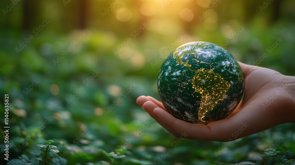 Hand holding small earth globe in forest. Hand holding small earth globe in forest.