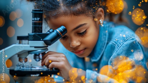 Young girl explores science with a microscope in a vibrant learning environment