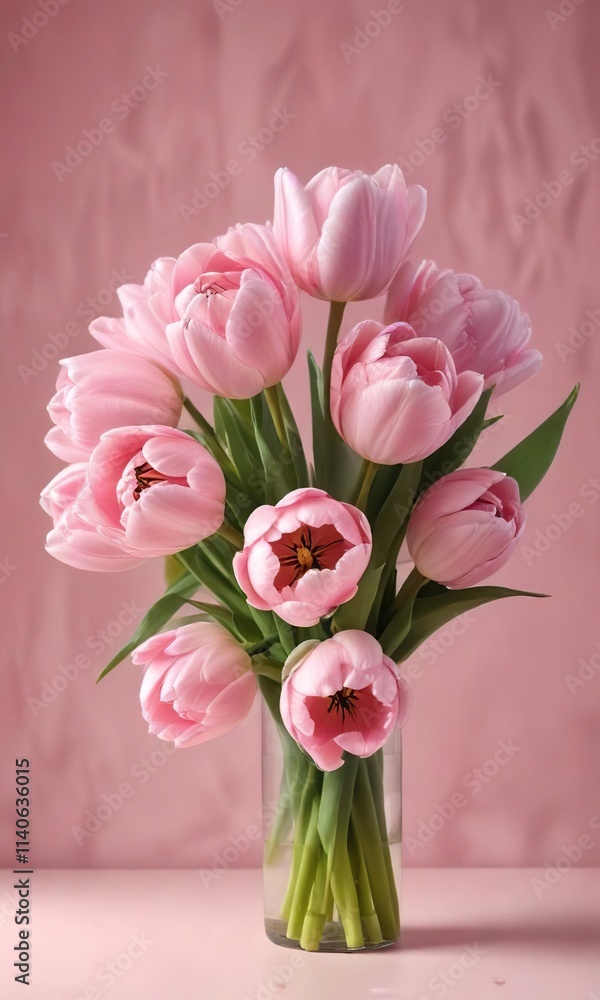 Delicate pink tulips arranged in a loose bouquet on a soft pink background , pink flowers, blossoms Delicate pink tulips arranged in a loose bouquet on a soft pink background , pink flowers, blossoms