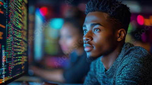 Young man engaged in programming during evening hours in a tech environment