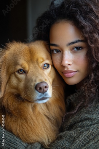 Warm embrace shared between a young woman and her golden retriever in a cozy ...