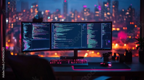 Young man engaged in programming during evening hours in a tech environment