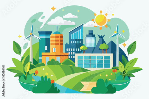 Vector illustration of a vibrant eco-friendly cityscape featuring modern buildings, wind turbines, and lush greenery under a sunny sky