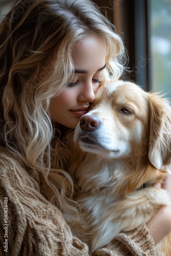 Warm embrace shared between a young woman and her golden retriever in a cozy ...