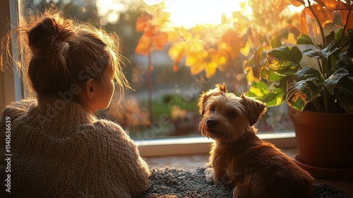 Young woman enjoys cozy moment with her dog wrapped in warm blankets indoors