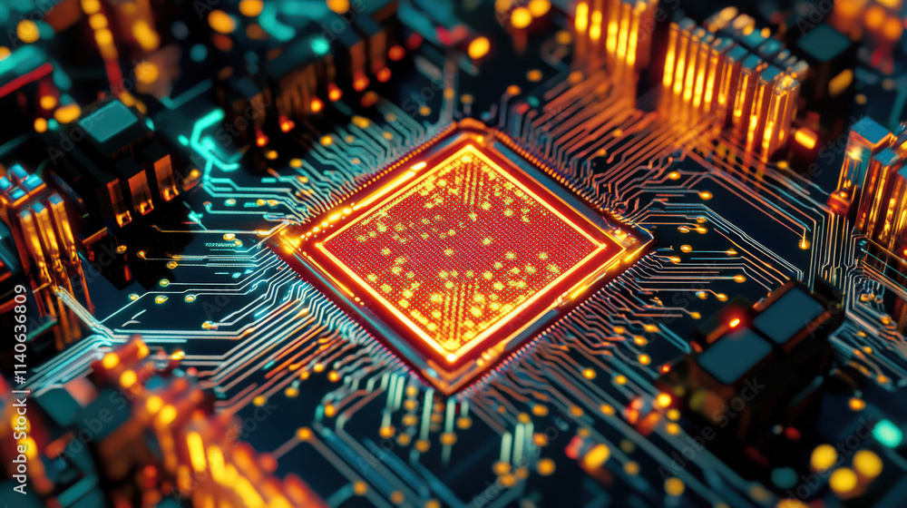 Intricate quantum computer circuit glowing energy pulses. vibrant visualization of complex processing power Intricate quantum computer circuit glowing energy pulses. vibrant visualization of complex processing power