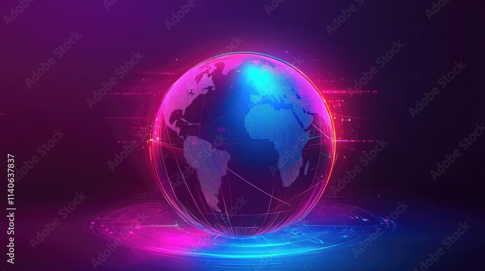 Fototapeta premium A futuristic representation of global connections, a globe surrounded by spinning holographic data points, sci-fi, high resolution, vibrant tones 