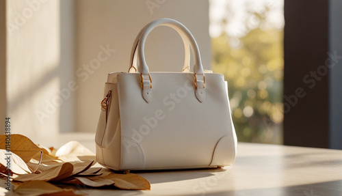 Woman hand bag mockup, white blank beige luxury handbag mockup with soft golden light , leaves and shadows background. Generative AI