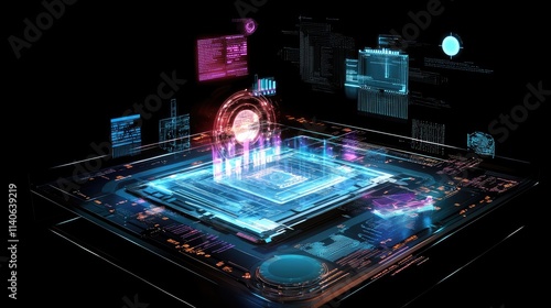 Wallpaper Mural A holographic microchip prototype design, with floating 3D visuals highlighting its advanced capabilities and features Torontodigital.ca