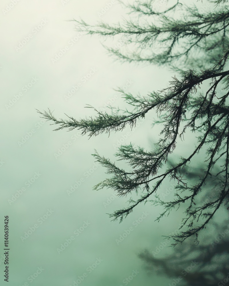 Delicate Branches of a Tree Against Foggy Background in Soft Green Delicate Branches of a Tree Against Foggy Background in Soft Green
