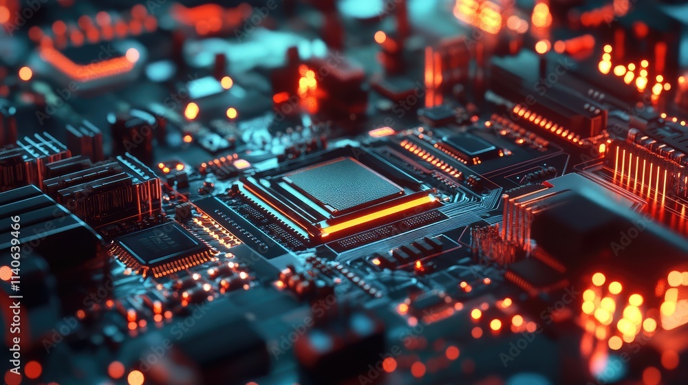A lab environment featuring a microchip under a microscope, with bright focus lighting showing its advanced design A lab environment featuring a microchip under a microscope, with bright focus lighting showing its advanced design
