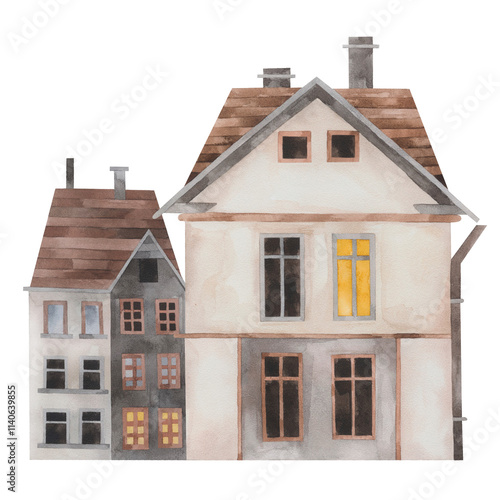 Watercolor hand-drawn illustration of houses in Norwegian style on transparent background