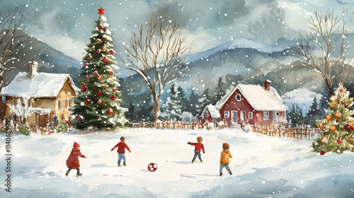 Children Playing in a Charming Winter Snow Scene - Joyful children playing in fresh snow near decorated Christmas tree and cozy winter houses. Symbolizing winter holidays, childhood fun, family togeth photo