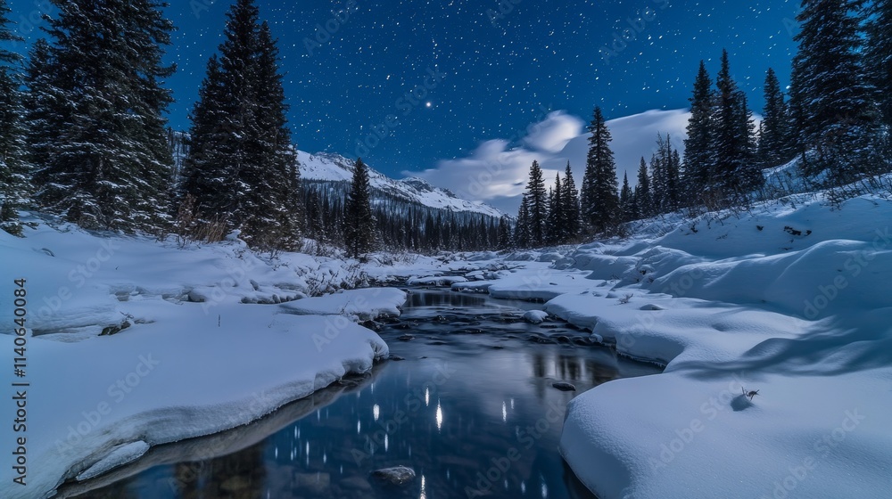 Fototapeta premium Snowy creek flowing through winter forest under starry night sky