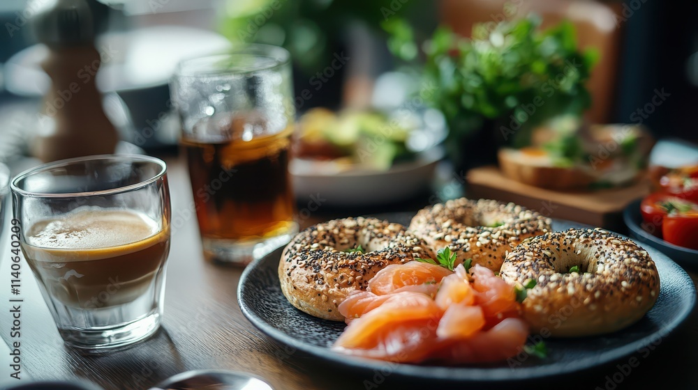 Delicious Corporate Breakfast Setup Featuring Smoked Salmon Bagels and Refreshing Beverages for Meetings, Business Breakfast Delicious Corporate Breakfast Setup Featuring Smoked Salmon Bagels and Refreshing Beverages for Meetings, Business Breakfast