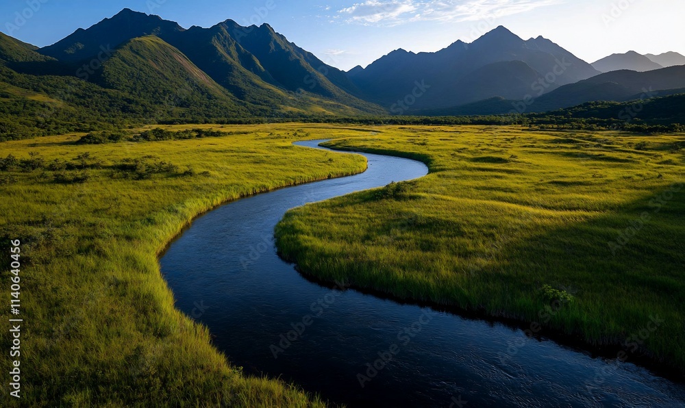 Serpentine river meandering through a verdant valley, nestled amidst majestic mountains under a clear sky. Serpentine river meandering through a verdant valley, nestled amidst majestic mountains under a clear sky.