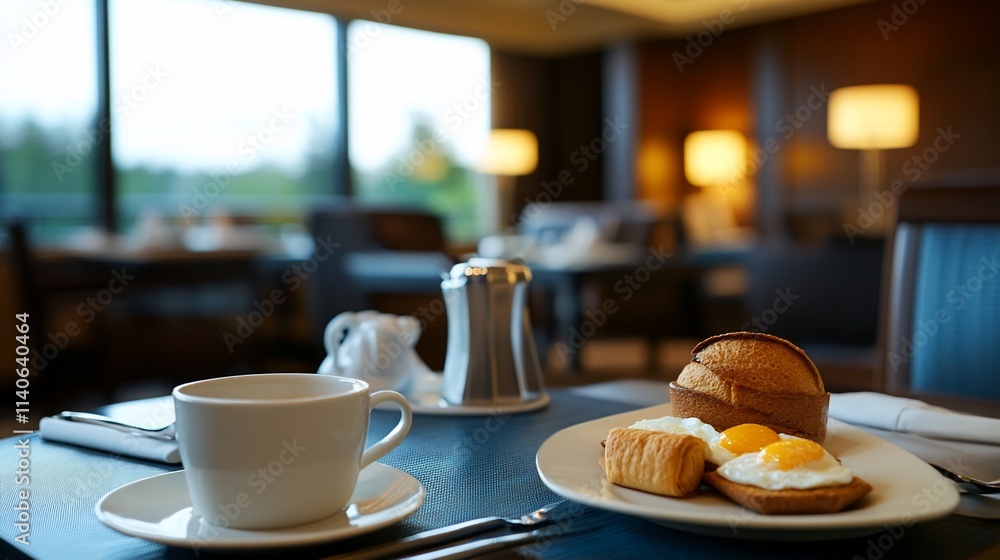 Hotel breakfast with coffee, eggs, pastry, and bread. Hotel breakfast with coffee, eggs, pastry, and bread.