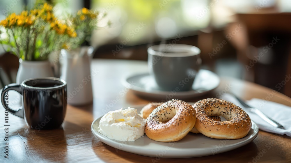 Cozy Breakfast Scene Featuring Bagels, Cream Cheese, Coffee, and Fresh Flowers on a Wooden Dining Table, Business Breakfast Cozy Breakfast Scene Featuring Bagels, Cream Cheese, Coffee, and Fresh Flowers on a Wooden Dining Table, Business Breakfast