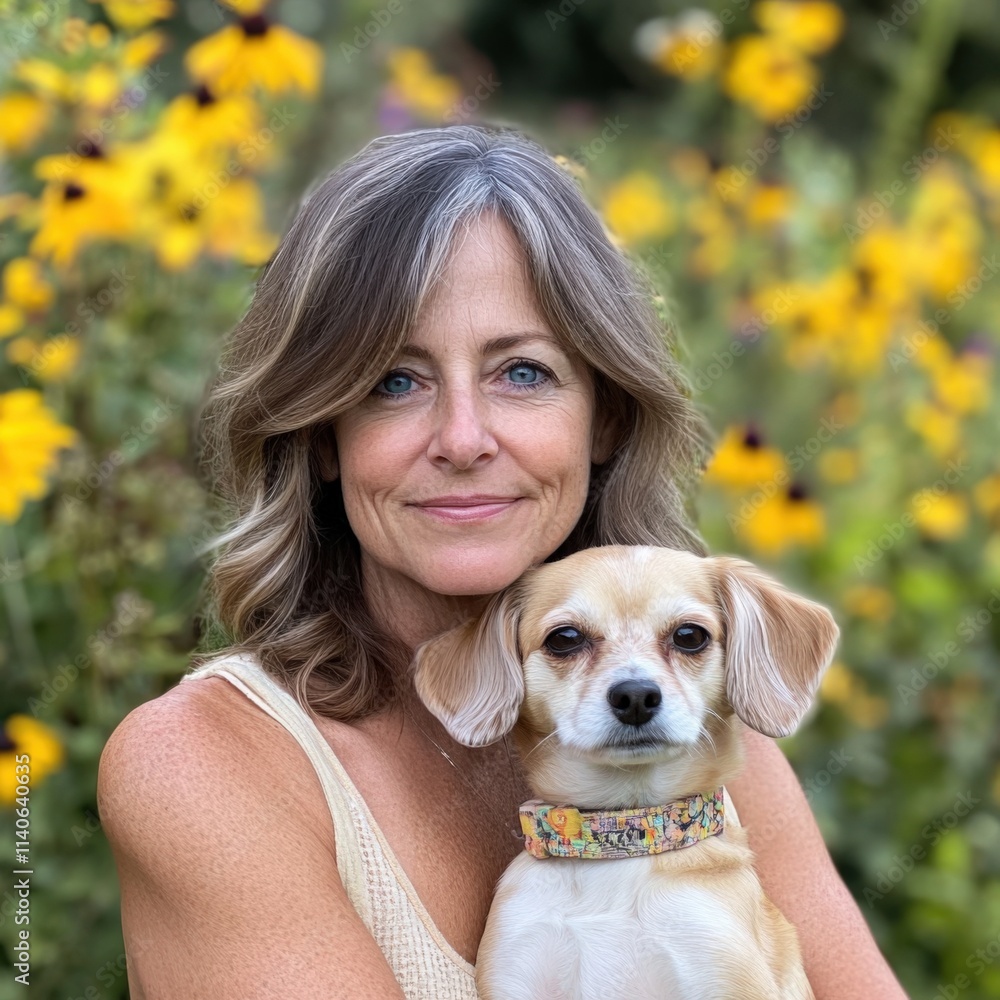 woman holding a tan dog outdoors with yellow flowers in background woman holding a tan dog outdoors with yellow flowers in background