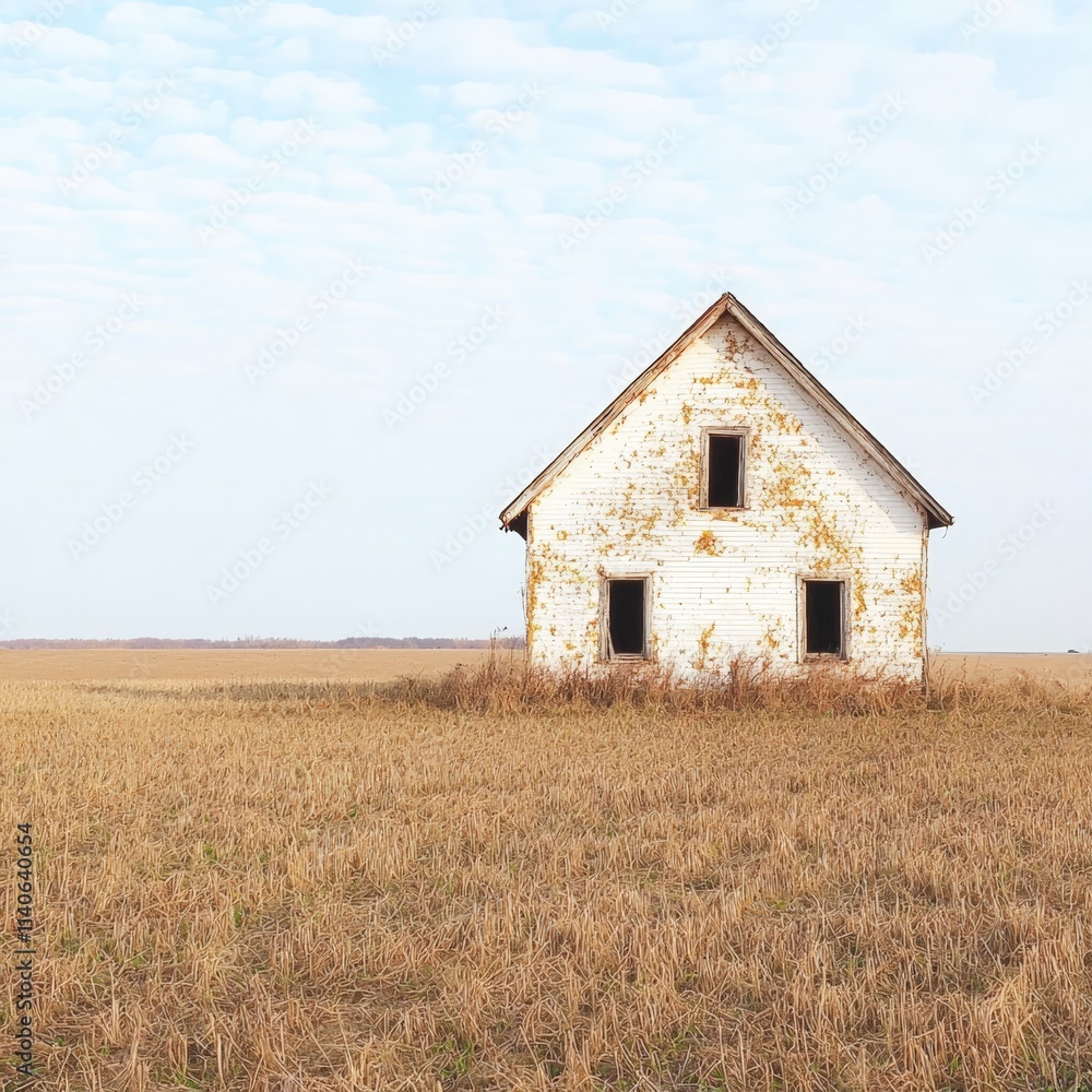 Abandoned Farmhouse in a Field of Golden Grass Under a Blue Sky Abandoned Farmhouse in a Field of Golden Grass Under a Blue Sky