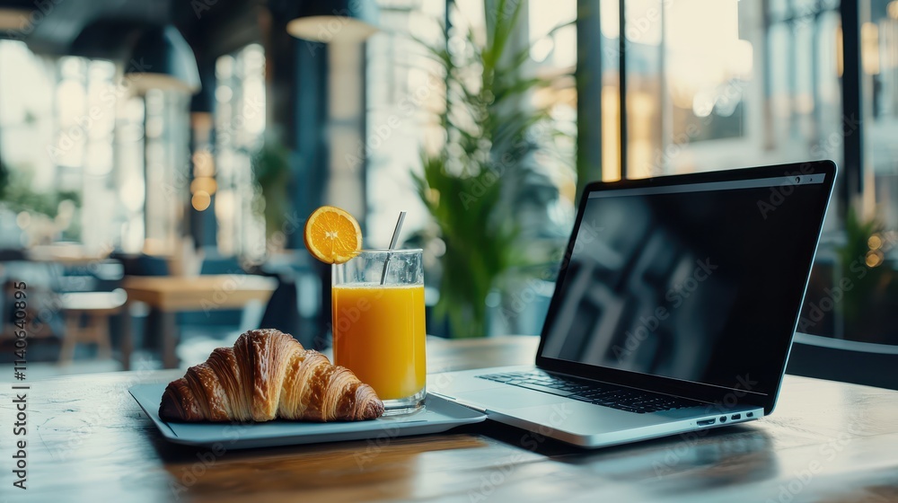 Fresh Breakfast Tray with Croissant and Orange Juice on Table Next to Laptop in Cozy Cafe Setting, Business Breakfast Fresh Breakfast Tray with Croissant and Orange Juice on Table Next to Laptop in Cozy Cafe Setting, Business Breakfast