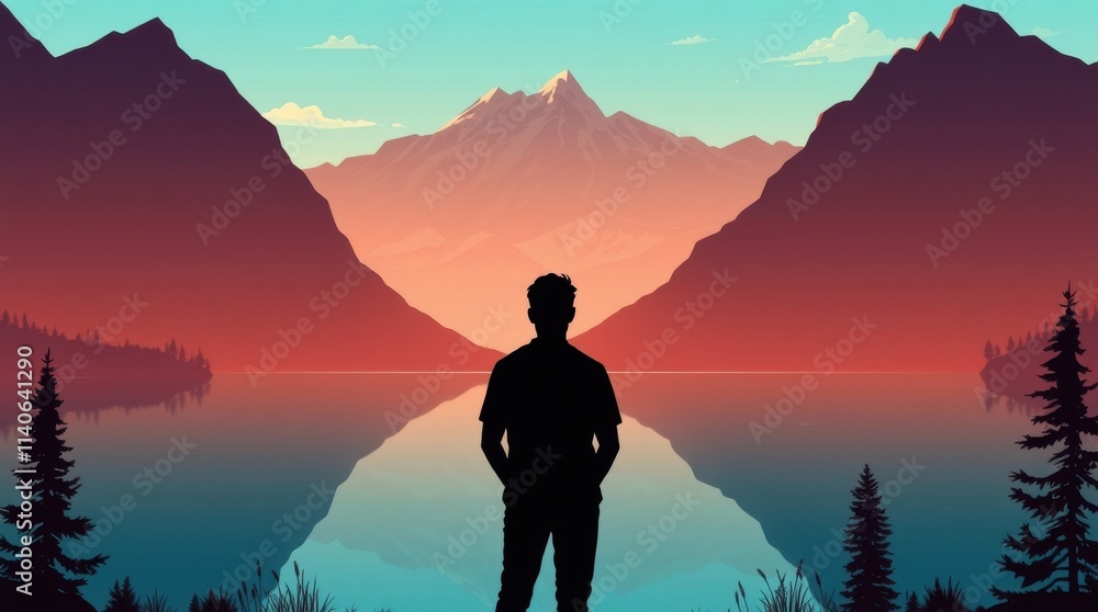 Obraz premium Contemplating nature's beauty a silhouette by the serene lake at dusk peaceful landscape artistic view
