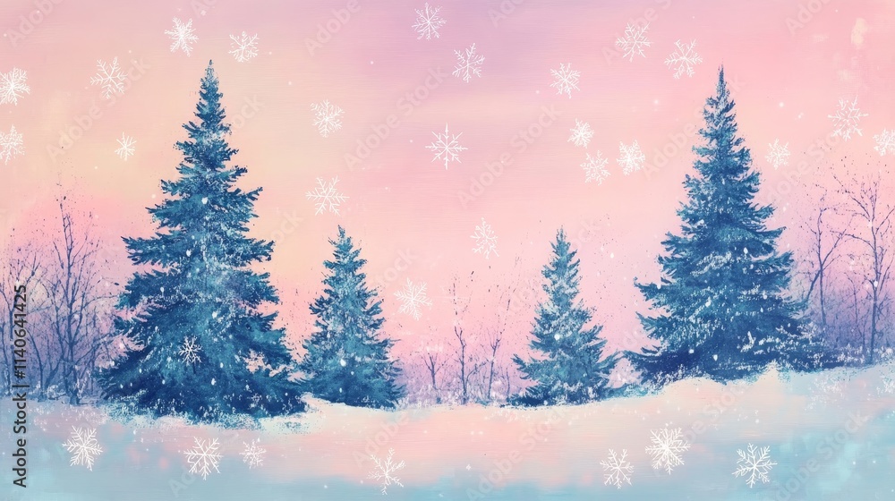Winter Serenity: Snow Covered Pines - Peaceful winter scene, snow falling, serene landscape, evergreen trees, soft pastel colors. Symbolizes tranquility, peace, nature, winter magic, and hope. Winter Serenity: Snow Covered Pines - Peaceful winter scene, snow falling, serene landscape, evergreen trees, soft pastel colors. Symbolizes tranquility, peace, nature, winter magic, and hope.