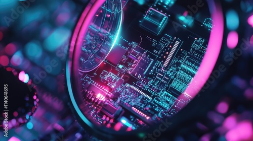 A magnified microchip under a microscope lens, with vibrant lighting revealing the intricate details of its nano-circuitry