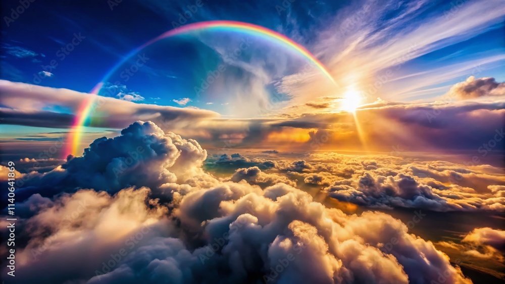 Rainbow Over Cloudscape: Aerial View, Stunning Nature Photography, Dramatic Sky Rainbow Over Cloudscape: Aerial View, Stunning Nature Photography, Dramatic Sky