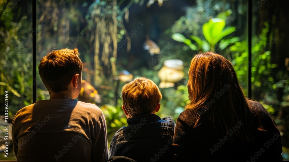 Fototapeta premium A family enjoys a moment at an aquarium. They watch colorful fish swim in a vibrant underwater world. This scene captures wonder and amazement. Generative AI