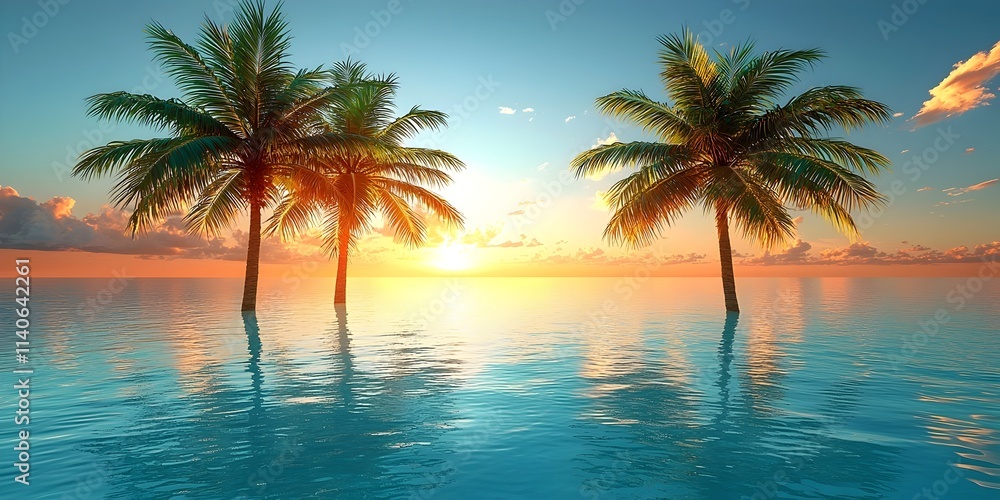 Two tall palm trees stand in serene waters during a vibrant sunset, casting long shadows as warm hues of orange and yellow reflect on the tranquil surface of the ocean. Two tall palm trees stand in serene waters during a vibrant sunset, casting long shadows as warm hues of orange and yellow reflect on the tranquil surface of the ocean.