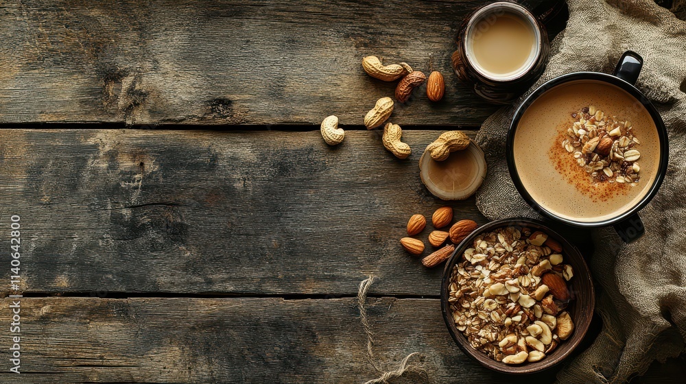 Artistic Business Breakfast Arrangement Featuring Nutty Granola and Smooth Coffee in Rustic Setting with Natural Wood Background Artistic Business Breakfast Arrangement Featuring Nutty Granola and Smooth Coffee in Rustic Setting with Natural Wood Background