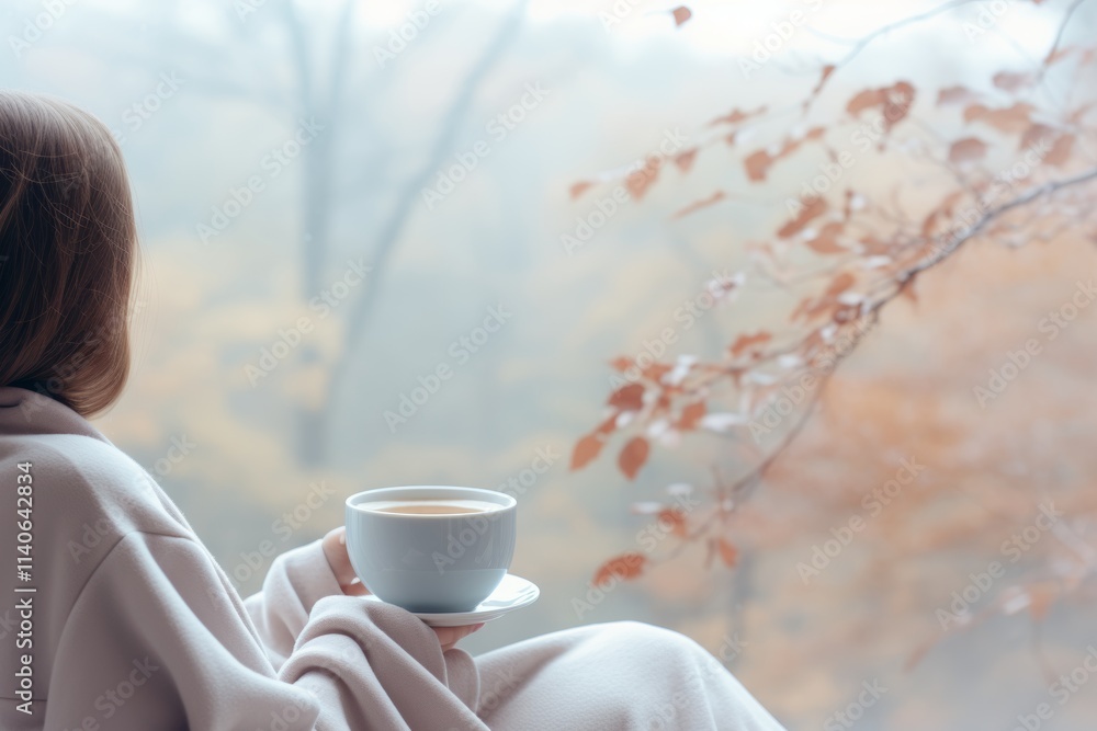 Contemplative silhouette woman in blanket, enjoying morning coffee amidst autumn scenery Contemplative silhouette woman in blanket, enjoying morning coffee amidst autumn scenery